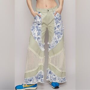 POL Floral Patchwork Wide-Leg Pistachio Pants Women's Med NWOT